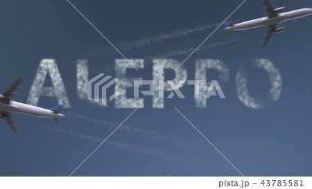 Flying airplanes trails and Aleppo caption. Traveling to Syria conceptual 3D rendering Flying airplanes trails and Aleppo caption. Traveling to Syria conceptual 3D rendering 43785581