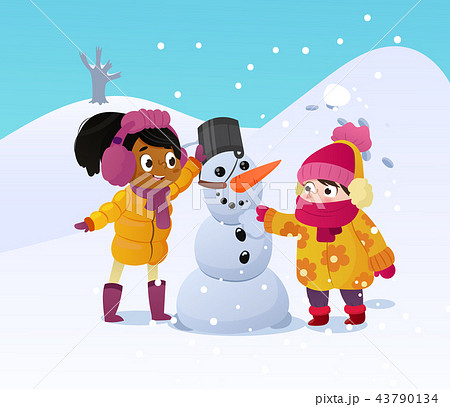 Happy kids playing with snowman. Funny little girs on a walk in the winter outdoors. Children Happy kids playing with snowman. Funny little girs on a walk in the winter outdoors. Children 43790134