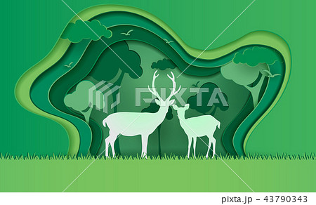 Deer in forest with snow, vector paper art. 43790343