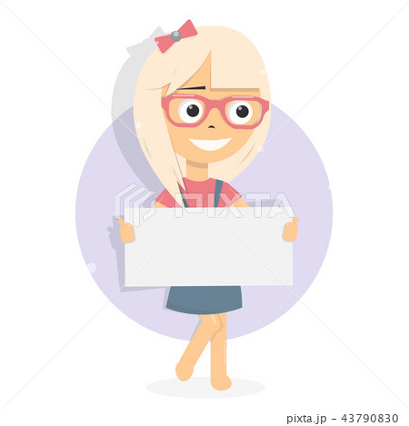 Girl and white blank board. Cartoon character. 43790830