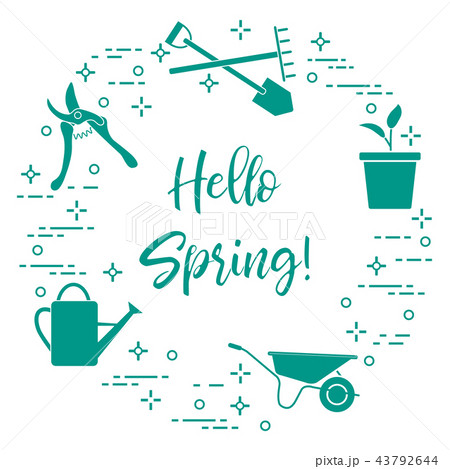 Tools for gardening works and pot with a sprout Tools for gardening works and pot with a sprout 43792644