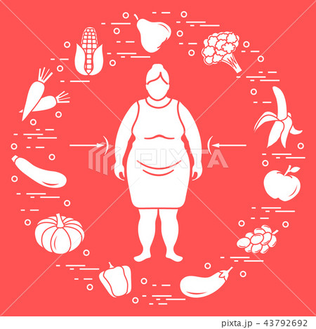 Fat woman with healthy food around her Healthy 43792692