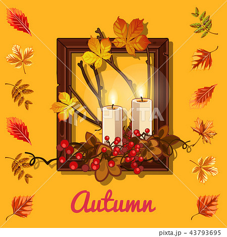 Stylish poster on the theme of golden autumn. Composition of dry twigs and yellowed leaves of the 43793695