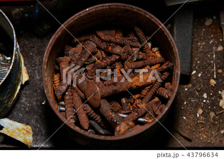 Rusty bolts and screws in metal box Rusty bolts and screws in metal box 43796634