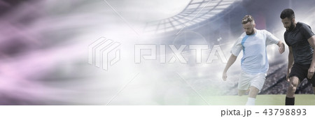 Soccer players on grass with stadium and football 43798893