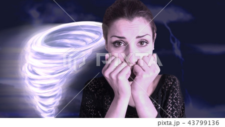 Tornado twister painted and dark sky with scared woman Tornado twister painted and dark sky with scared woman 43799136