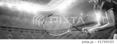 Black and white image of tennis player ready to play Black and white image of tennis player ready to play 43799505