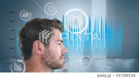 Composite image of side view of man with statistical graphs and digital images 43799556