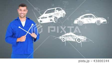 Mechanic with sketch of cars hand drawing 43800144