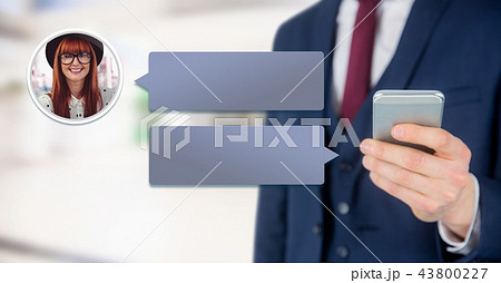 Man using phone with chat bubble messaging profile Man using phone with chat bubble messaging profile 43800227