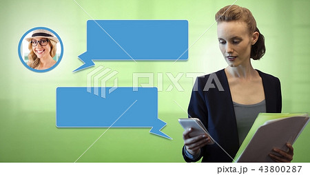 Woman using phone with chat bubble messaging profile Woman using phone with chat bubble messaging profile 43800287