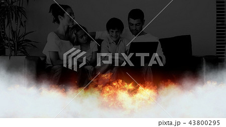 Family at home and burning fire Family at home and burning fire 43800295