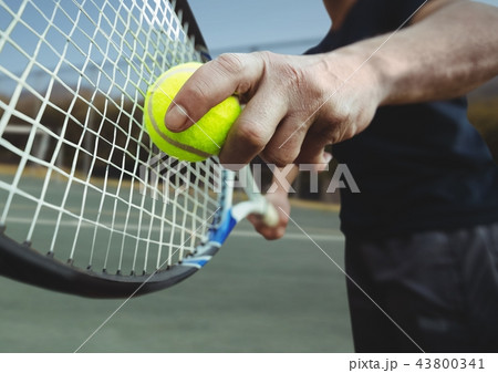 Tennis player holding racket on court with racket Tennis player holding racket on court with racket 43800341