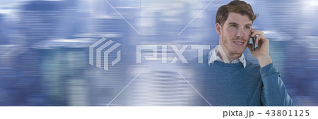 Businessman on phone with city buildings rush transition 43801125