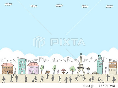 手描き 街並み 人々のイラスト素材
