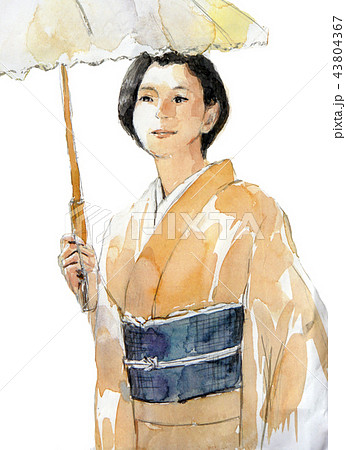 和服の女性 日傘 白バック 和服 着物 手書きのイラスト素材