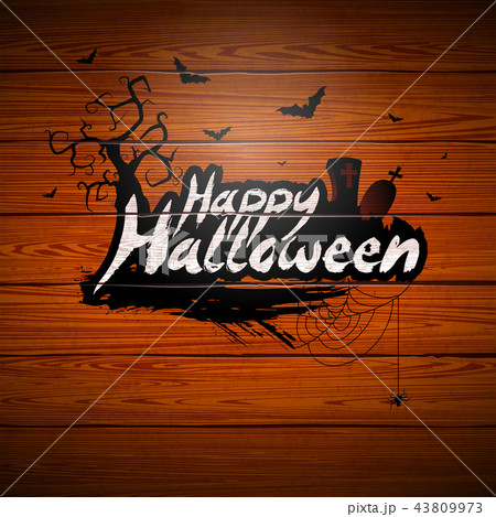 Happy Halloween vector illustration with typography lettering and cemetery on vintage wood 43809973