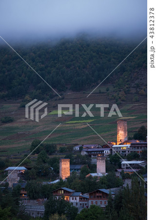 Night view of city Mestia from Medieval towers Night view of city Mestia from Medieval towers 43812378
