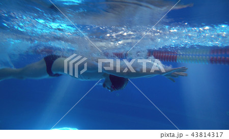 Underwater view to the beautiful professional swimmer swiming crawl stroke in the pool 43814317