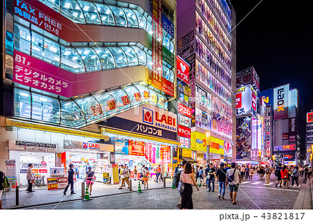 東京 秋葉原駅 夜の電気街口の写真素材