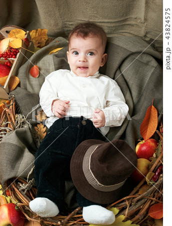 autumn concept - child boy lie on yellow leaves autumn concept - child boy lie on yellow leaves 43824575