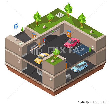 Parking lot isometric 3D illustration for construction design of cars, parkomat checkpoint and 43825452