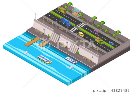 Riverside city isometric 3D illustration of waterfront town map with cars and river ferry boat pier Riverside city isometric 3D illustration of waterfront town map with cars and river ferry boat pier 43825485