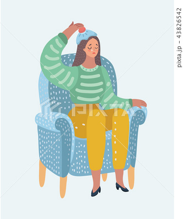 Woman with hot-water bottle on head. Headache. 43826542