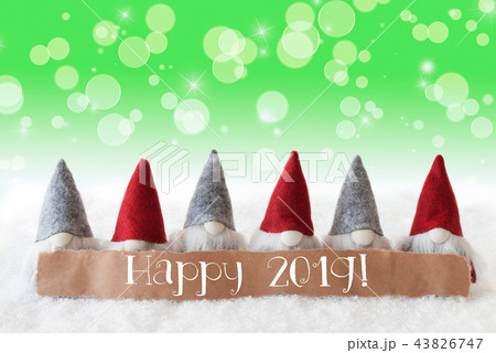 Gnomes, Green Background, Bokeh, Stars, Happy 2019 43826747