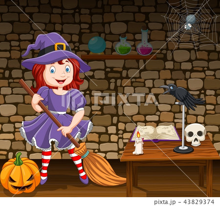 Cartoon little witch holding a broomstick 43829374