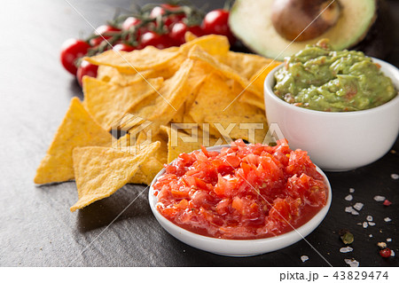 Tradition mexican guacamole and salsa dip, nachos tortilla chips. 43829474