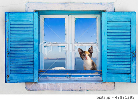 Beautiful vintage Greek window with blue shutters. Typical Greek picture. Beautiful vintage Greek window with blue shutters. Typical Greek picture. 43831295
