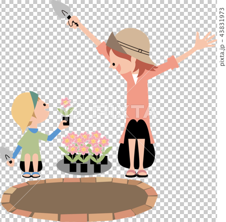 庭に花を植える母子 43831973