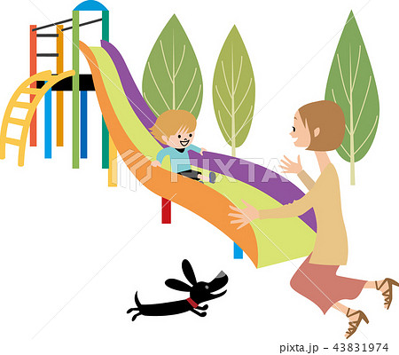 滑り台で遊ぶ母子のイラスト素材
