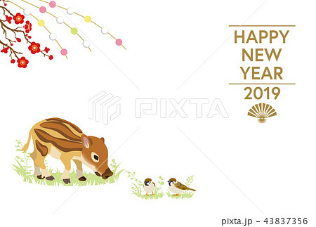19年 亥年 年賀状 ウリ坊とスズメ 玉飾り 英語賀詞のイラスト素材