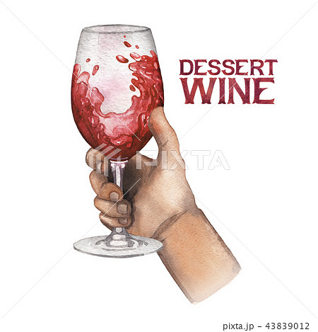 Watercolor hand holding glass of red wine isolated on white background 43839012