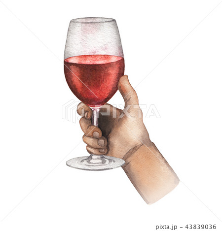 Watercolor hand holding red wine glass isolated on white background 43839036