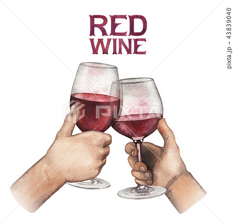 Two watercolor hands holding glasses of red wine 43839040