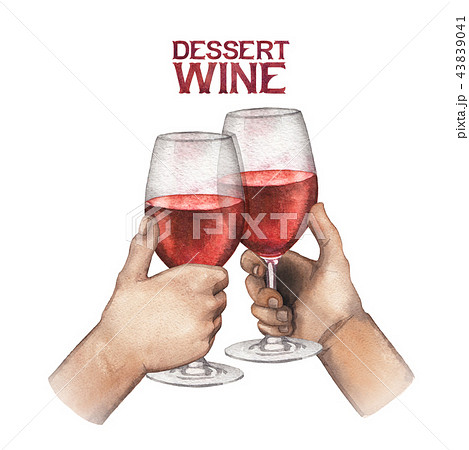 Two watercolor hands holding glasses of red wine 43839041