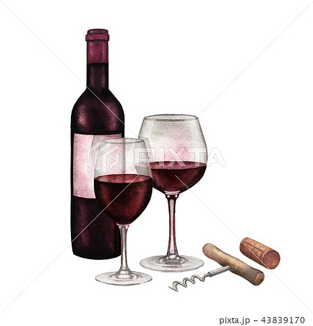 Two watercolor glasses of red wine, dark bottle, cork and corkscrew 43839170