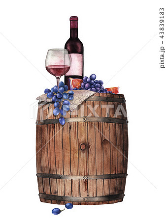 Watercolor glass of red wine, bottle, grapes and figs on the wooden barrel 43839183