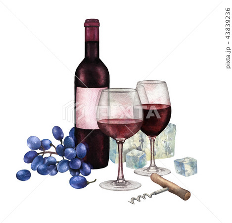 Two watercolor glasses of red wine, bottle, grapes, cheese and corkscrew 43839236