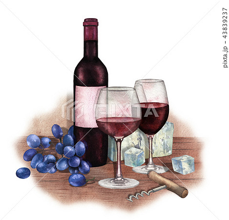 ブドウの絵 Two watercolor glasses of red wine, bottle,のイラスト素材