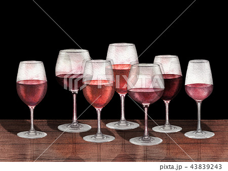 Watercolor row of red wine glasses on the wooden table 43839243