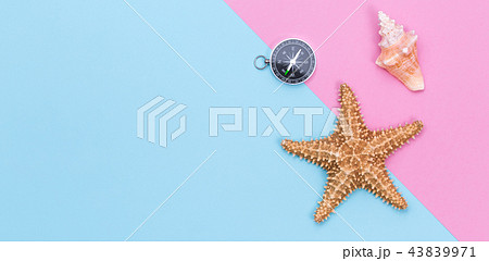 Starfish, seashell and compass on paper texture Starfish, seashell and compass on paper texture 43839971