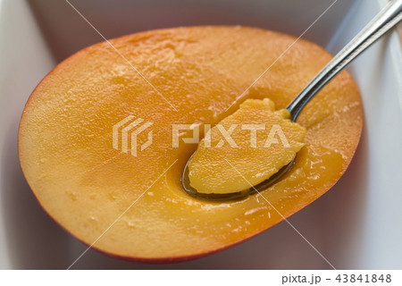 瑞々しいマンゴーにスプーンを入れる イメージ 瑞々しいマンゴーにスプーンを入れる イメージ 43841848