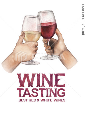 Two watercolor hands holding glasses of red and white wine 43843094