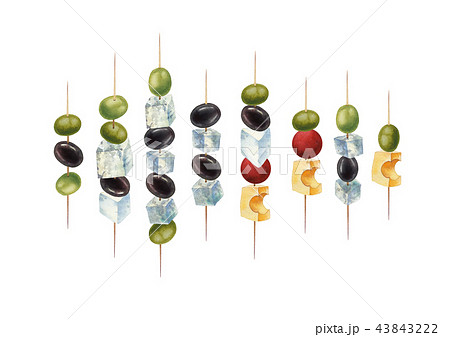 Watercolor canapes made of cheese, olives and cherry tomatoes Watercolor canapes made of cheese, olives and cherry tomatoes 43843222