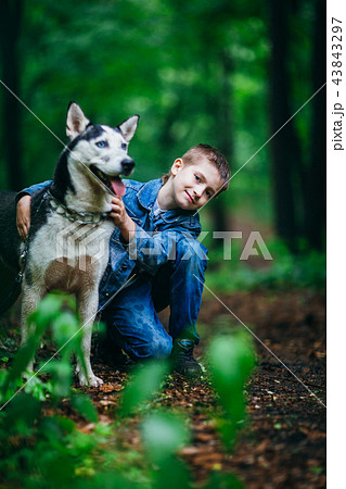 boy and his dog husky on the background  43843297