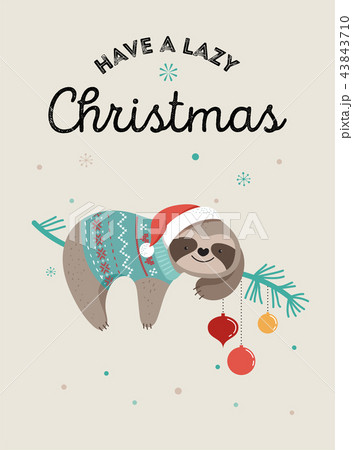 Cute sloths, funny Christmas illustrations with Santa Claus costumes, hat and scarfs, greeting cards 43843710